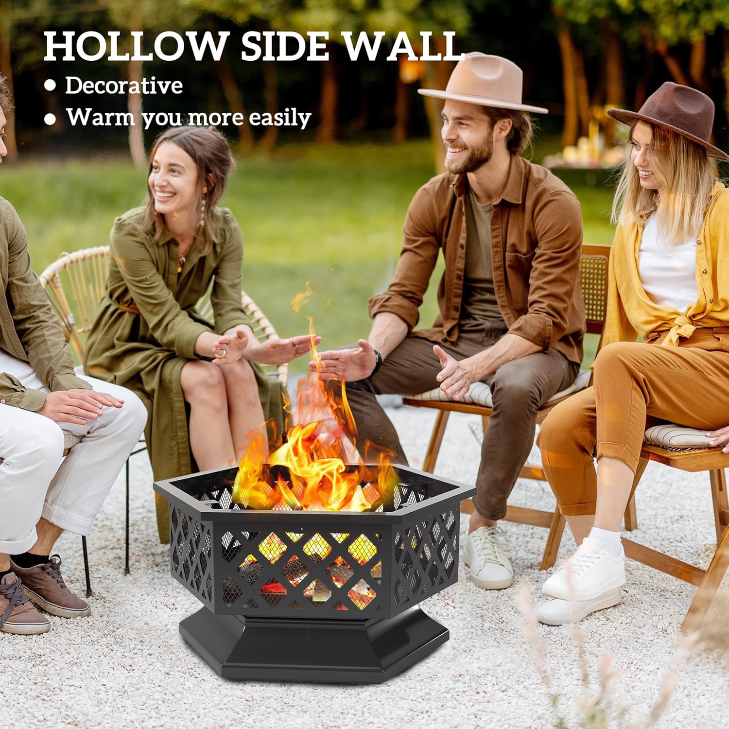 Outsunny 28" Outdoor Fire Pit Grill, Portable Wood Burning Firepit for Outside with Cooking Grate, Fire Poker, Spark Screen Lid, Steel Hexagon Fireplace for Patio Bonfire Backyard BBQ Camping Picnic
