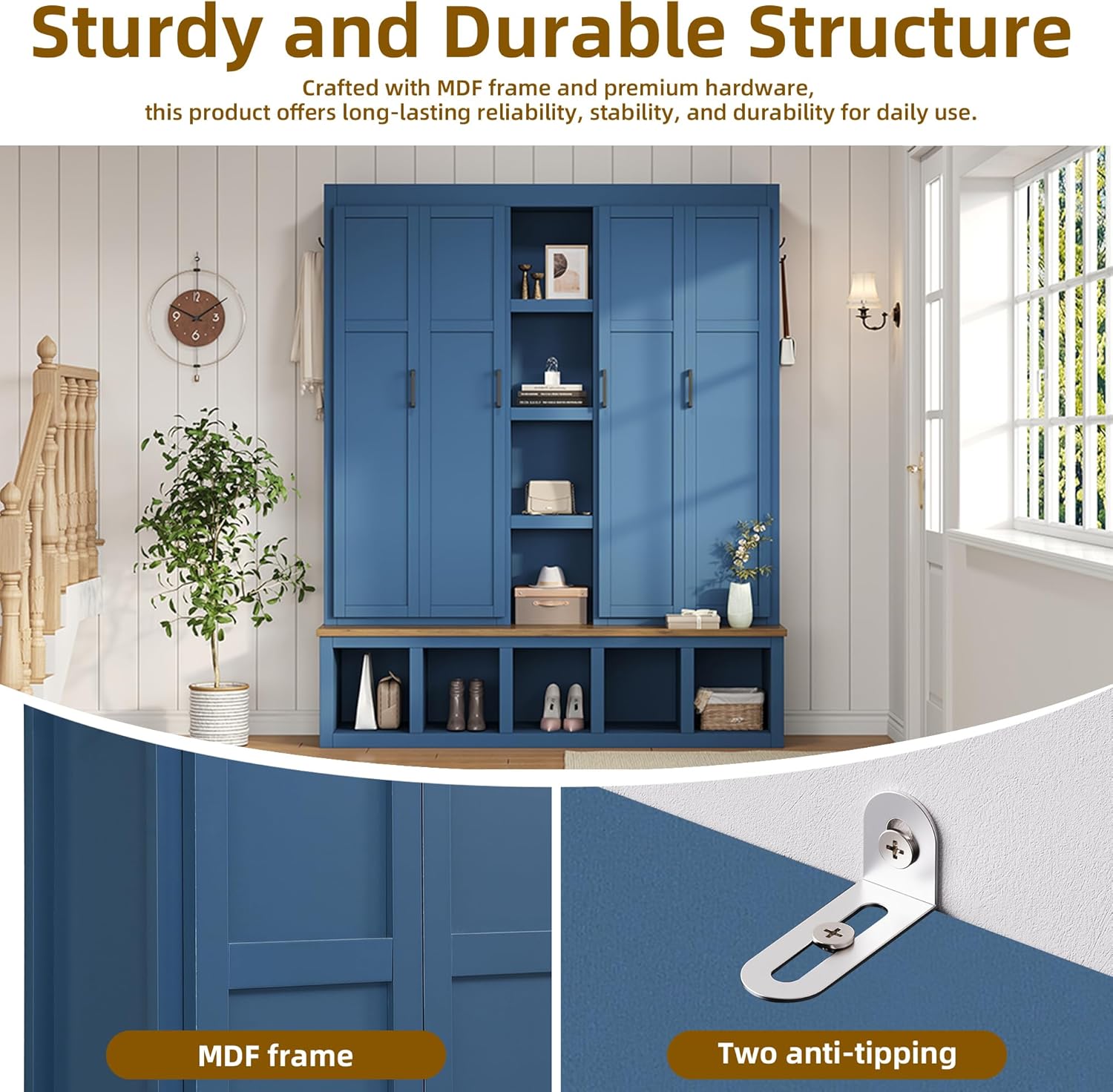 LUMISOL 4-in-1Wide Hall Tree with Wood Grain Bench and 8 Open Compartments, Farmhouse Style Entryway Bench with Storage Unit and 6 Hooks, 62.9" Rustic Coat Rack for Hallway Living Room, Blue