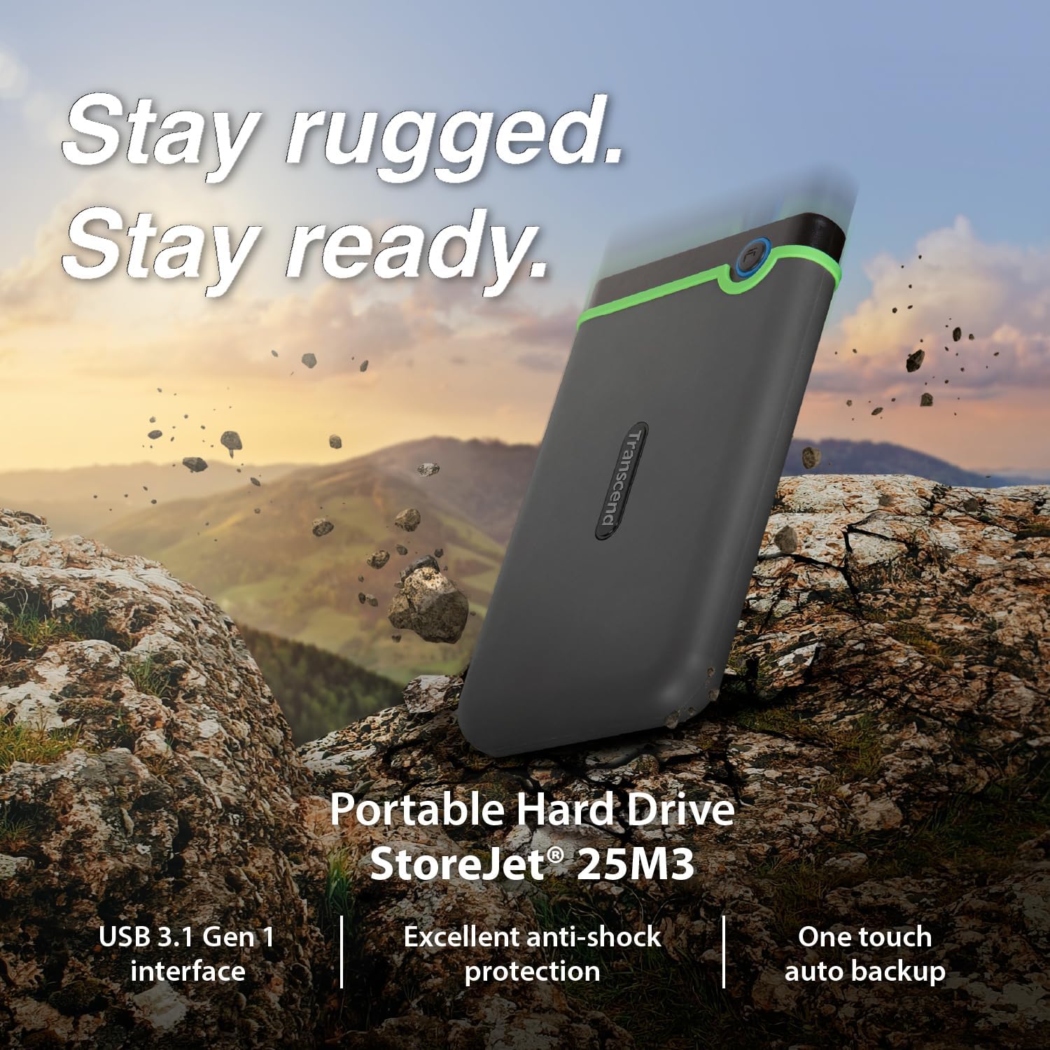 Transcend StoreJet 2TB Rugged External Hard Drive, USB3.1(5Gbps) Portable HDD w/One Touch Auto-Backup Button/Anti-Shock Resistant/Compact&Lightweight/Lightning-Fast Speeds, Iron Gray - TS2TSJ25M3S