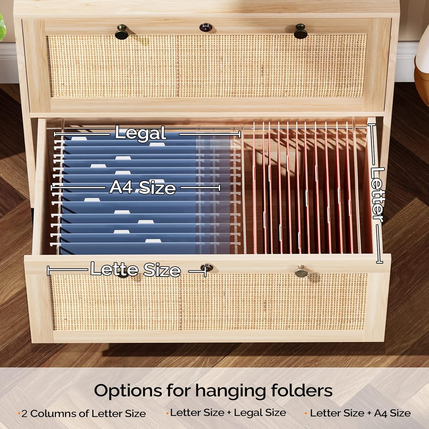 VINGLI Wood Rattan 2-Drawer Lateral File Cabinet with Lock for Home Office, Lockable Filing Cabinet with Rustic Metal Handles for Hanging Letter/A4/Legal Size Labeled Folders, Oak, 30W x 16D x 28H