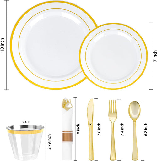 700 PCS Gold Plastic Dinnerware Set for 100 Guests, 200 DisposablePlates for Party, 100 Pre Rolled Napkins with Gold Silverware, 100 Cups