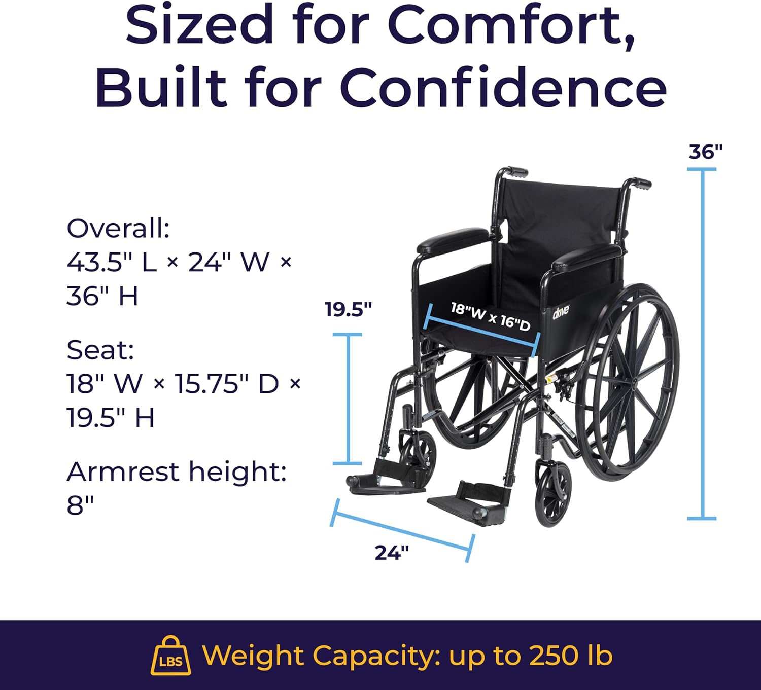 Drive Medical Silver Sport 1 Folding Transport Wheelchair - Lightweight Mobility Support - Full Armrests - Removable Swing-Away Footrests - Durable Steel Construction - Compact Folding Frame - Black