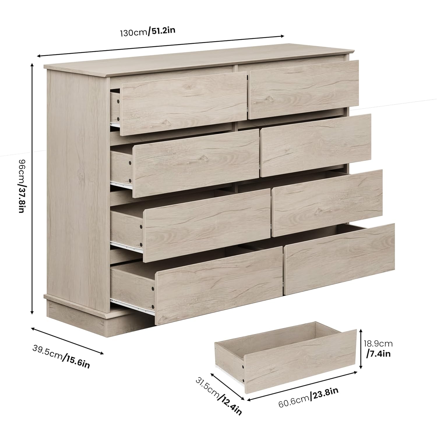 GarveeHome 8 Drawer Dressers for Bedroom, Chest of Drawers with Deep Drawers, Large Double Dresser for Closet with Wide Top, Horizontal Wooden Dresser for Living Room, Hallway, Kids Room, Oak