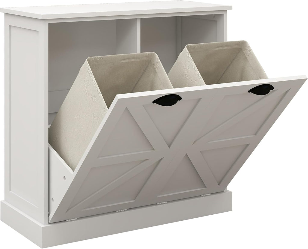 KEIKI White Tilt-Out Bathroom Laundry Sorter Cabinet with Dual Compartments & Removable Bags, Freestanding Hidden Hamper Storage with Anti-Tip Kit