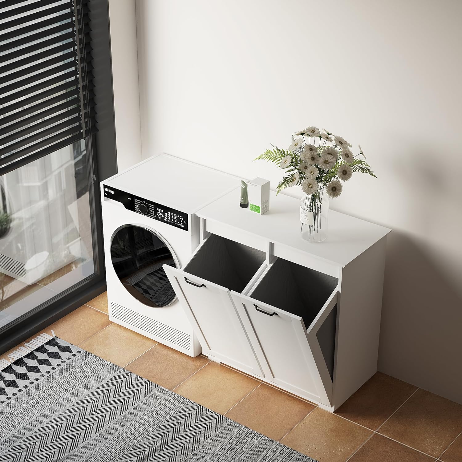LUMISOL Double Tilt-Out Laundry Hamper Cabinet, Farmhouse Laundry Cabinet with Hidden Fabric Baskets, Wooden Bathroom Storage Cabinet with Doors for Living Room, Kitchen, White