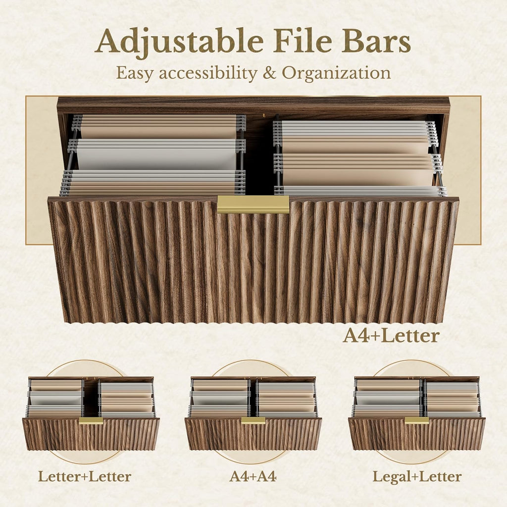 2 Drawer Fluted File Cabinet, 32'' Lateral File Cabinet for Legal/Letter/A4/F4 Size Hanging Files, Wood File Storage for Home Office, Black Walnut