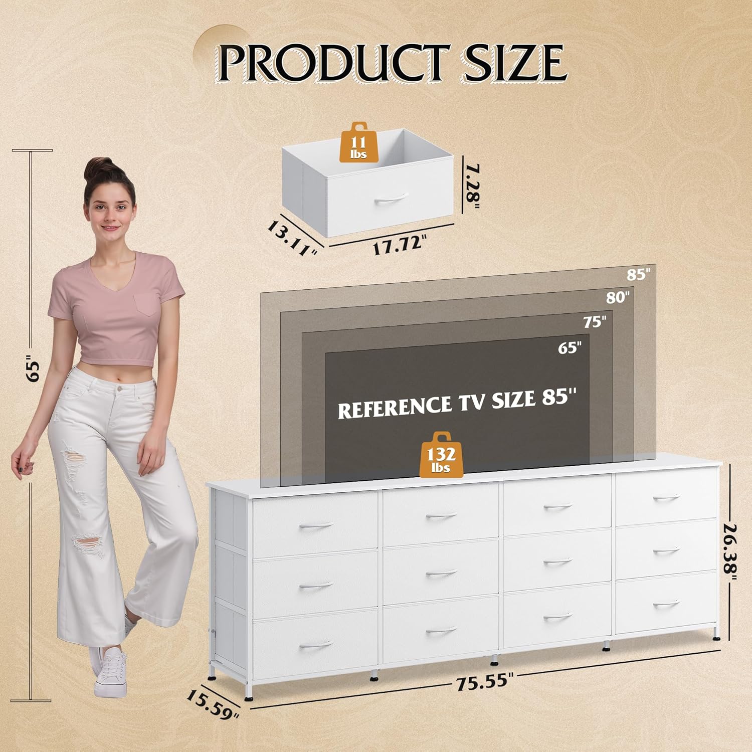 WLIVE 75.5'' White Dresser for Bedroom, TV Stand for 85, 80, 75, 65 Inch TV, 12 Drawer Long Fabric Dresser with Wood Top, Wide Entertainment Center Storage Chest for Living Room, Closet