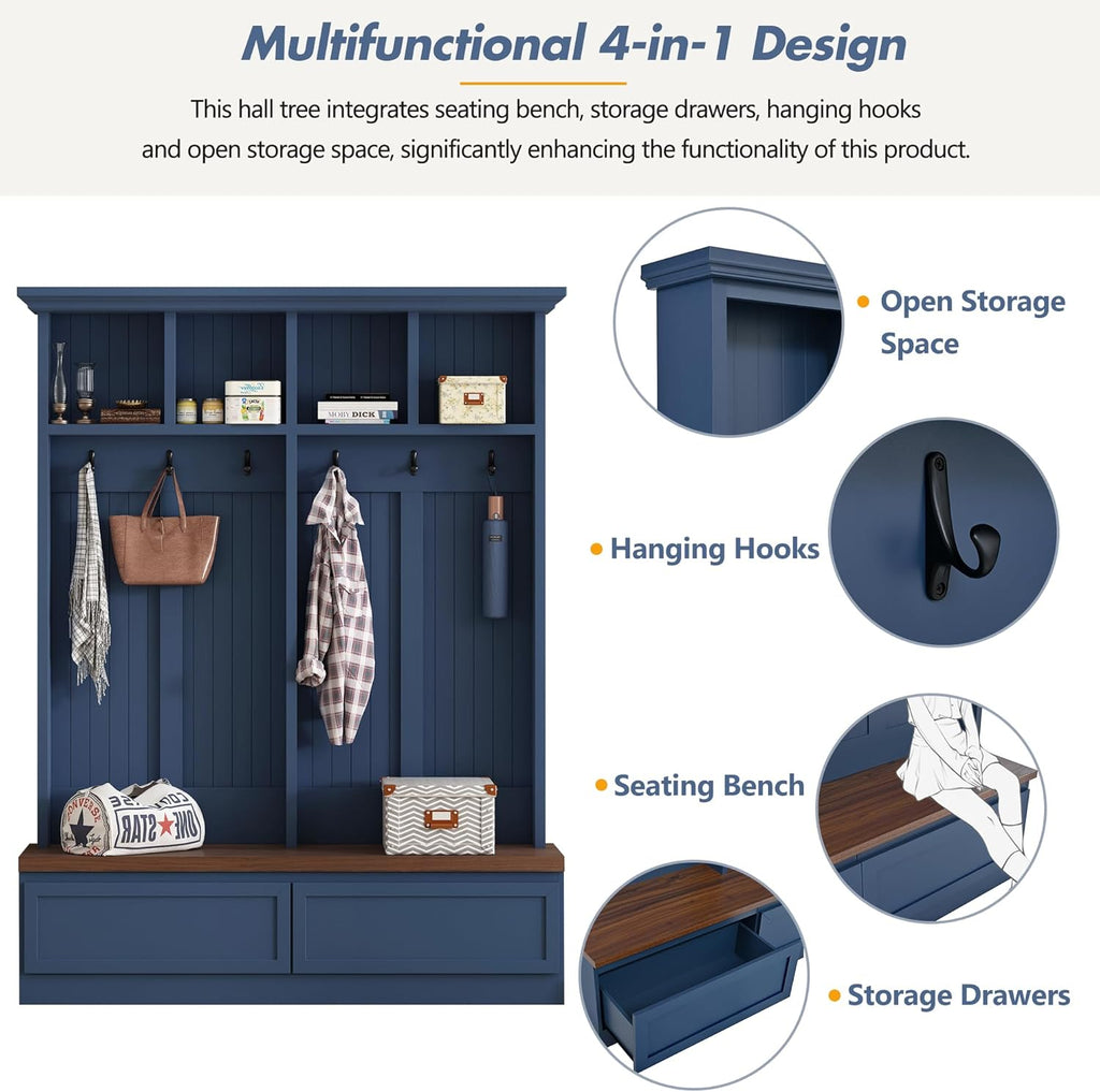 4-in-1 Hall Tree with Wood Grain Bench, Entryway Shoe Storage Organizer with Coat Rack, 2 Large Drawers, and 6 Golden Hooks for Hallway, Foyer Organizer Furniture, Blue