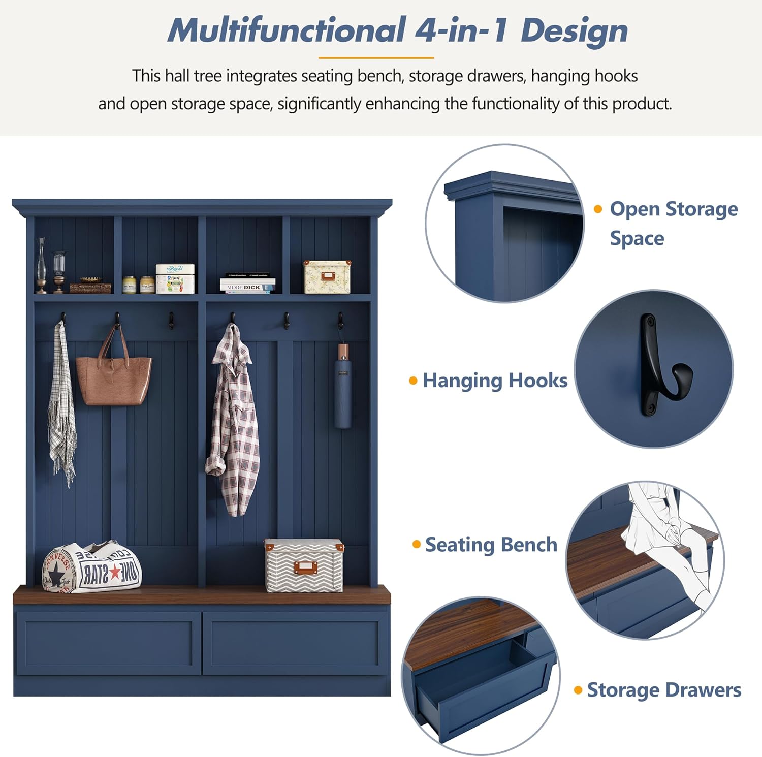 4-in-1 Hall Tree with Wood Grain Bench, Entryway Shoe Storage Organizer with Coat Rack, 2 Large Drawers, and 6 Golden Hooks for Hallway, Foyer Organizer Furniture, Blue