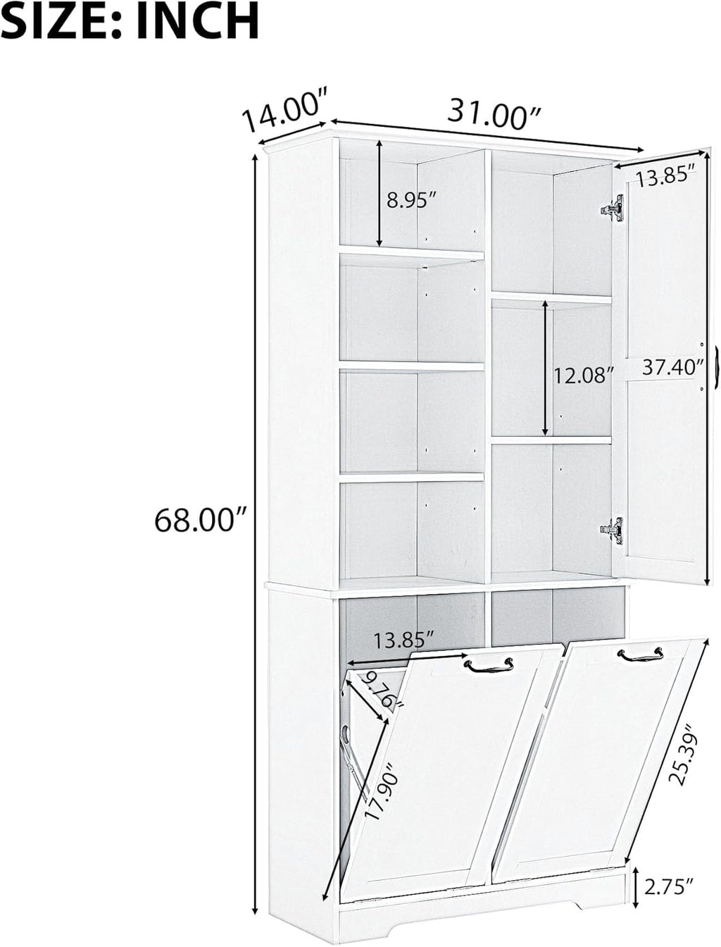 Tall Storage Cabinet with Door and Open Shelf, Multi-Functional Laundry Hamper Basket for Home Bathroom, Laundry Room, Black