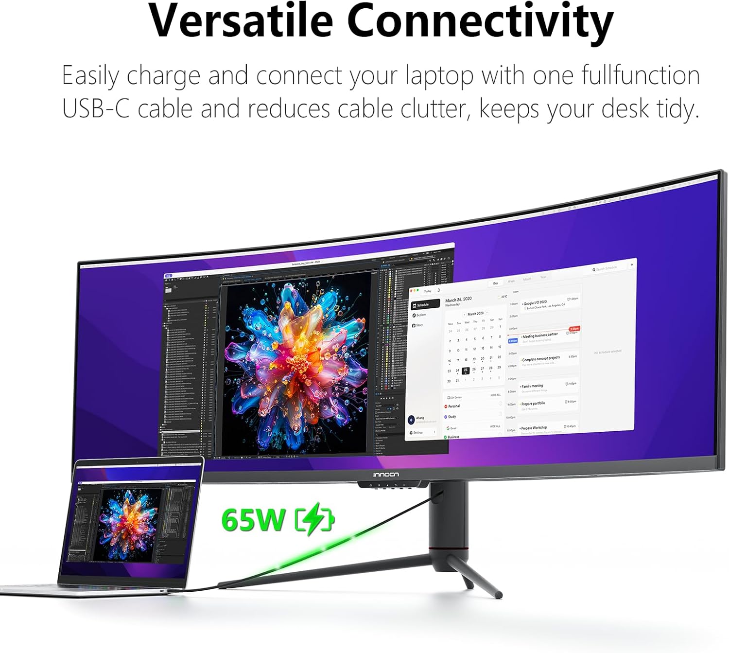 INNOCN 49" Curved Gaming Monitor 144Hz Ultrawide 32:9 WDFHD 3840 x 1080P, R1800, 99% sRGB, HDR400, USB Type C, DisplayPort, HDMI, Built-in Speakers, Height/Tilt Adjustable - 49C1G