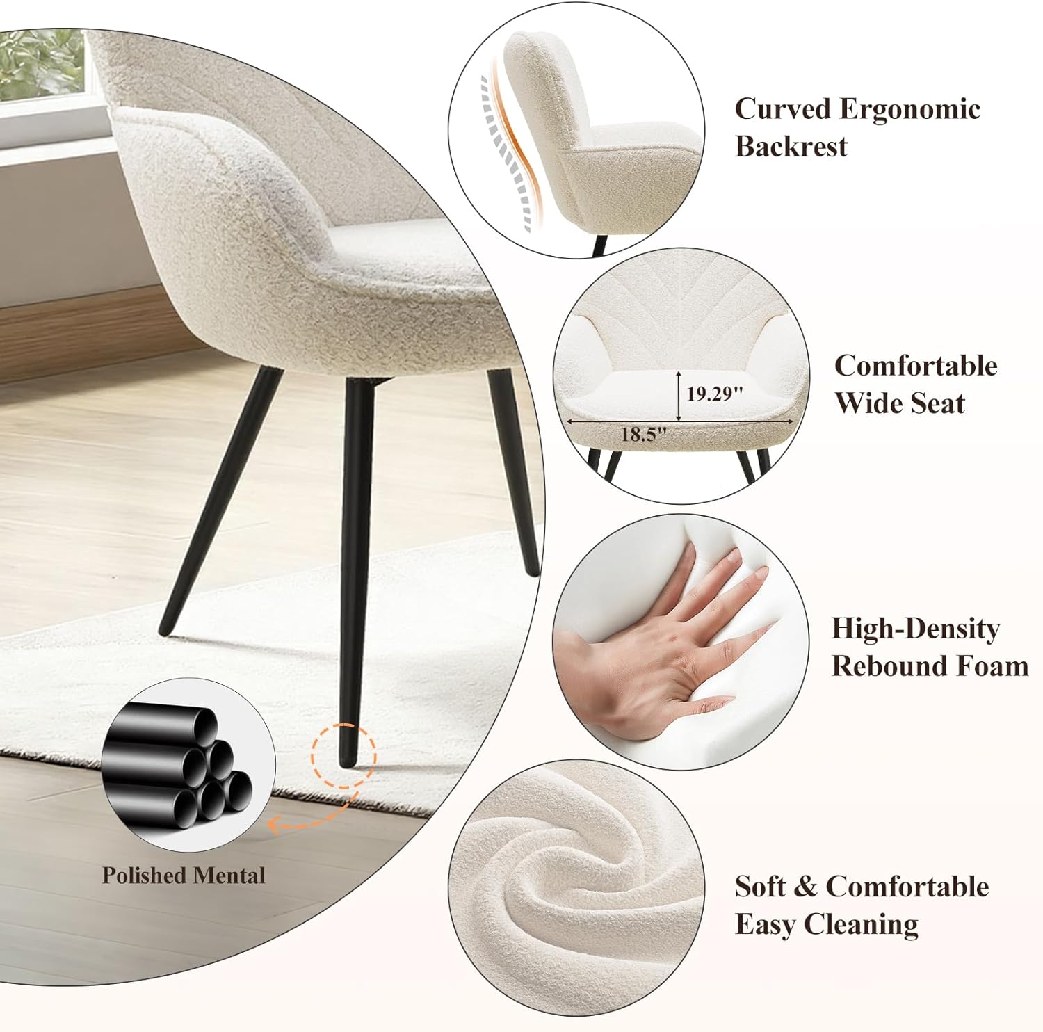 MALOL Mid-Century Sherpa Upholstered Accent Chair, Cozy Armchair with Curved Backrest, Sturdy Metal Legs, Soft Fabric Chair for Living Room, Bedroom & Reading Area,Beige