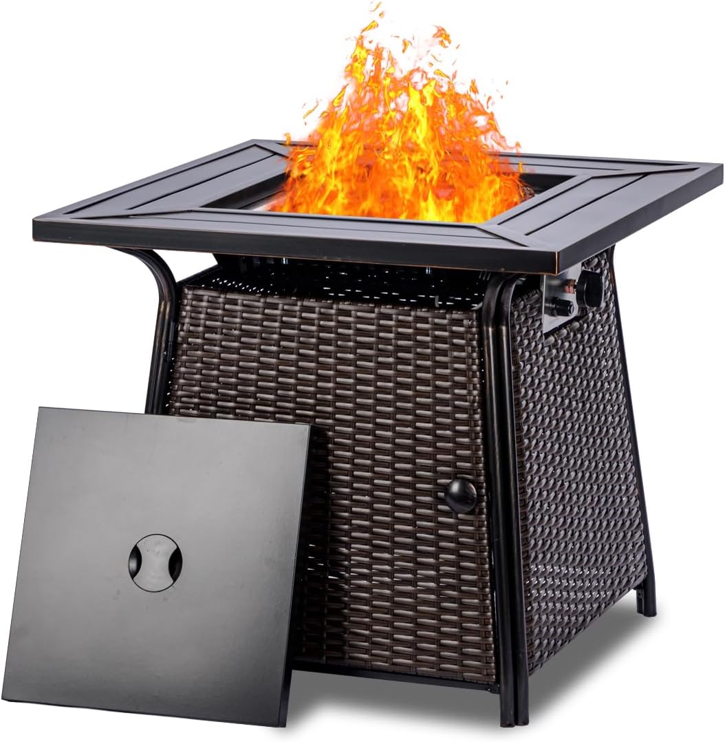 OutVue 28 inch Wicker Propane Fire Pit Table,Gas Fire Pits Table for Outside,50000 BTU Propane Firepit with Lid &Lava Rocks,Gas Firepit for Garden,Yard (Brown Rattan)