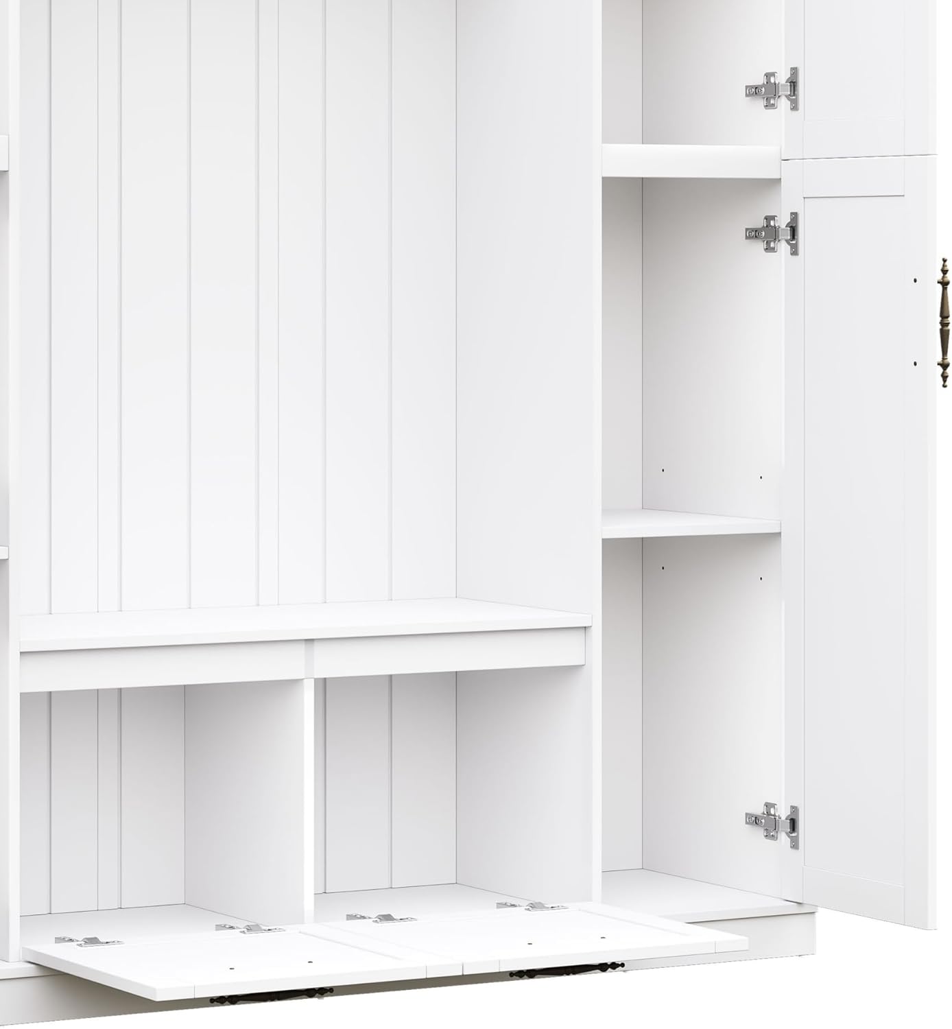 Farmhouse Elegant Hall Tree with 4 Side Cabinets, All-in-One Mudroom Furniture with Adjustable Shelves & Open Cubbies, Beadboard Entryway Bench with Coat Rack & 5 Hooks for Hallway (White-5.7)