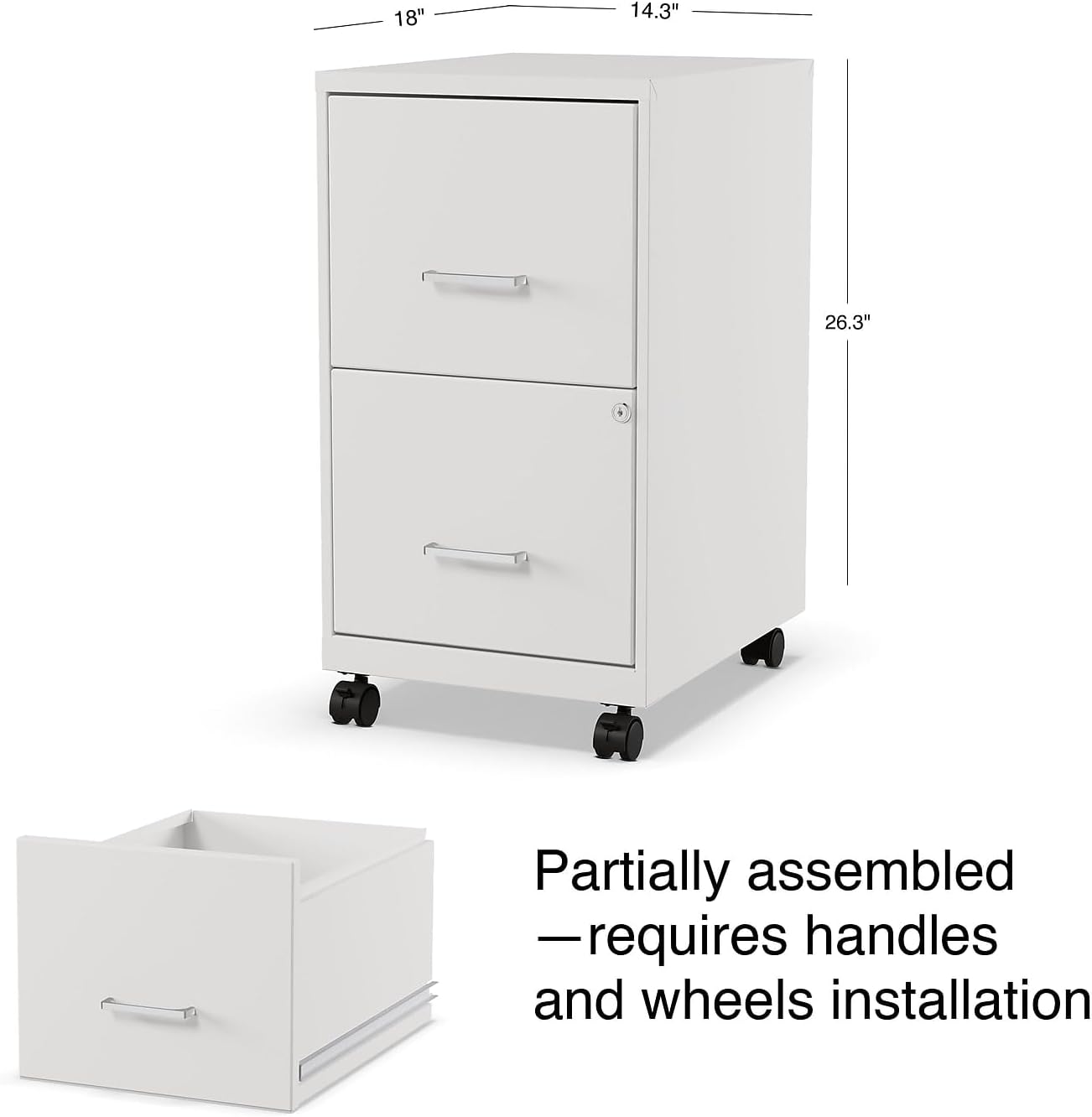 Staples 2-Drawer Vertical File Cabinet, Letter Size Documents, Lockable & Mobile, 18.9" D x 14.3" W x 26.3" H, White