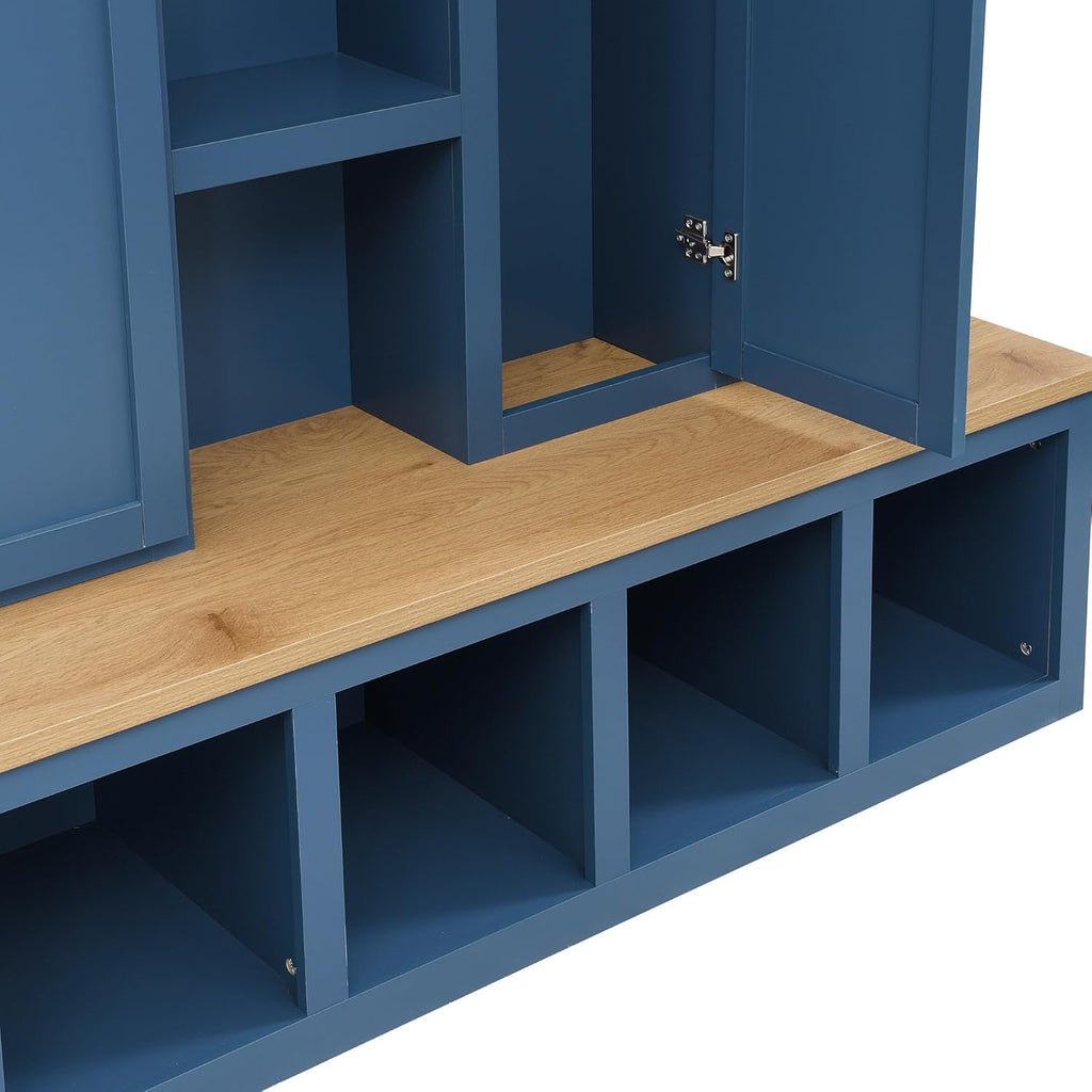 Bellemave Farmhouse 4-in-1 Hall Tree with 6 Hooks & Shoe Storage - 62.9" Wide Entryway Cabinet with Seating Bench and Open Compartments for Mudroom, Hallway, Blue