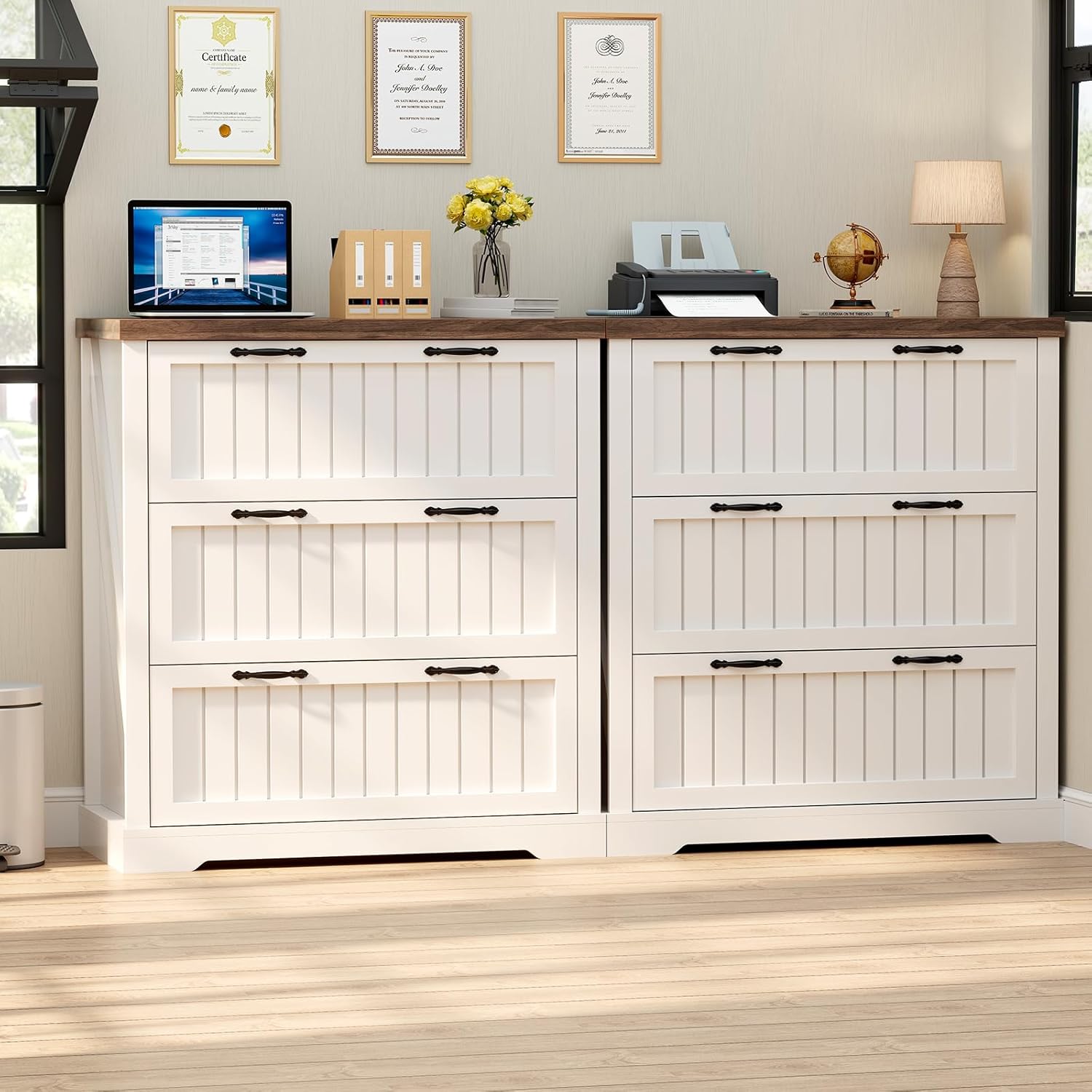 SEDETA 3 Drawer File Cabinet, Farmhouse Filing Cabinet for Home Office, Wood Office File Cabinets for Letter/Legal/A4 Size, Lateral File Cabinets with Printer Stand, White + Brown