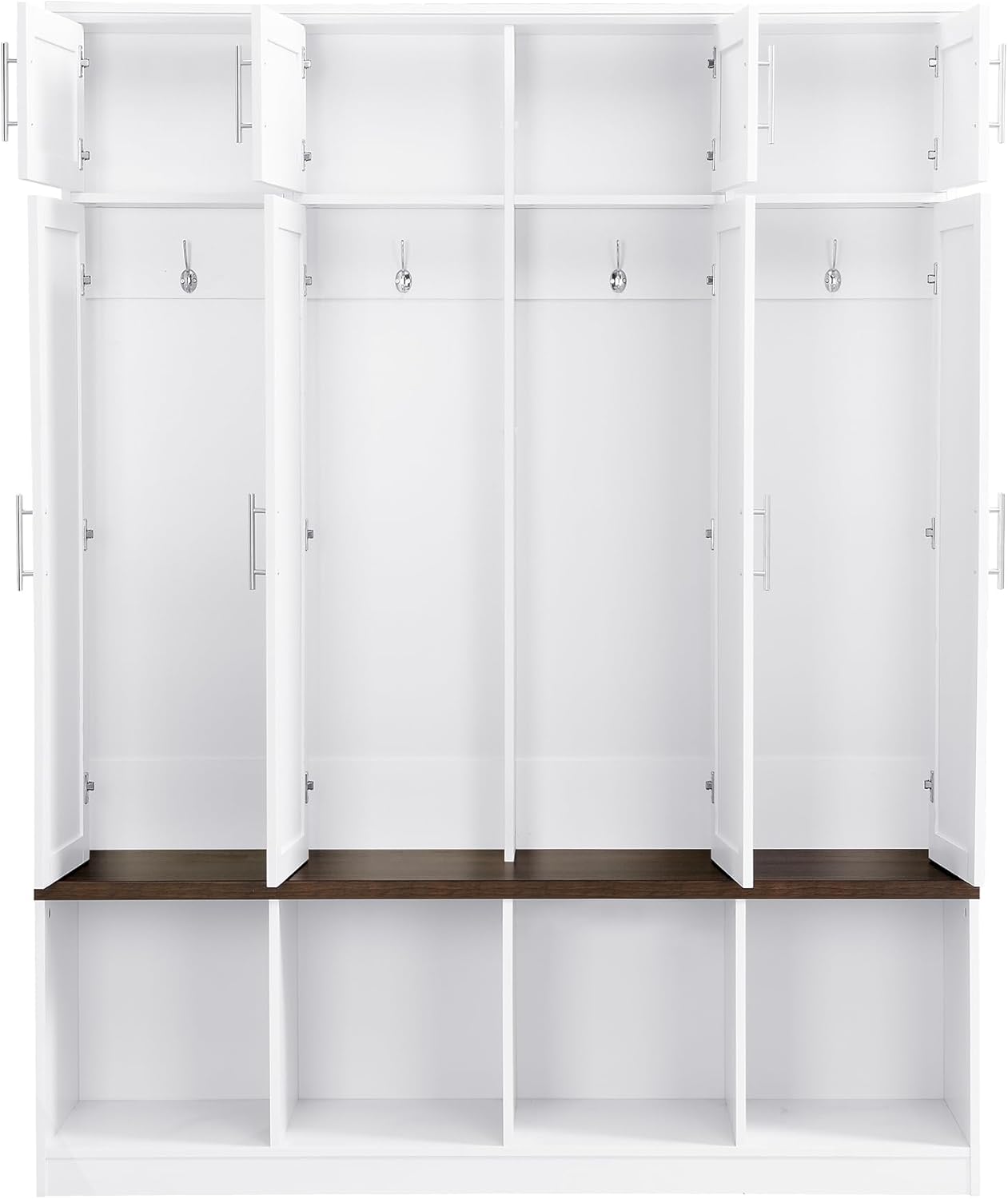 Versatile Hall Tree with 4 Hanging Hooks and Brown Wood Grain Bench,Entryway Cabinet with Open Compartments,for Hallway Entrance Mudroom Living Room (White#Storage)