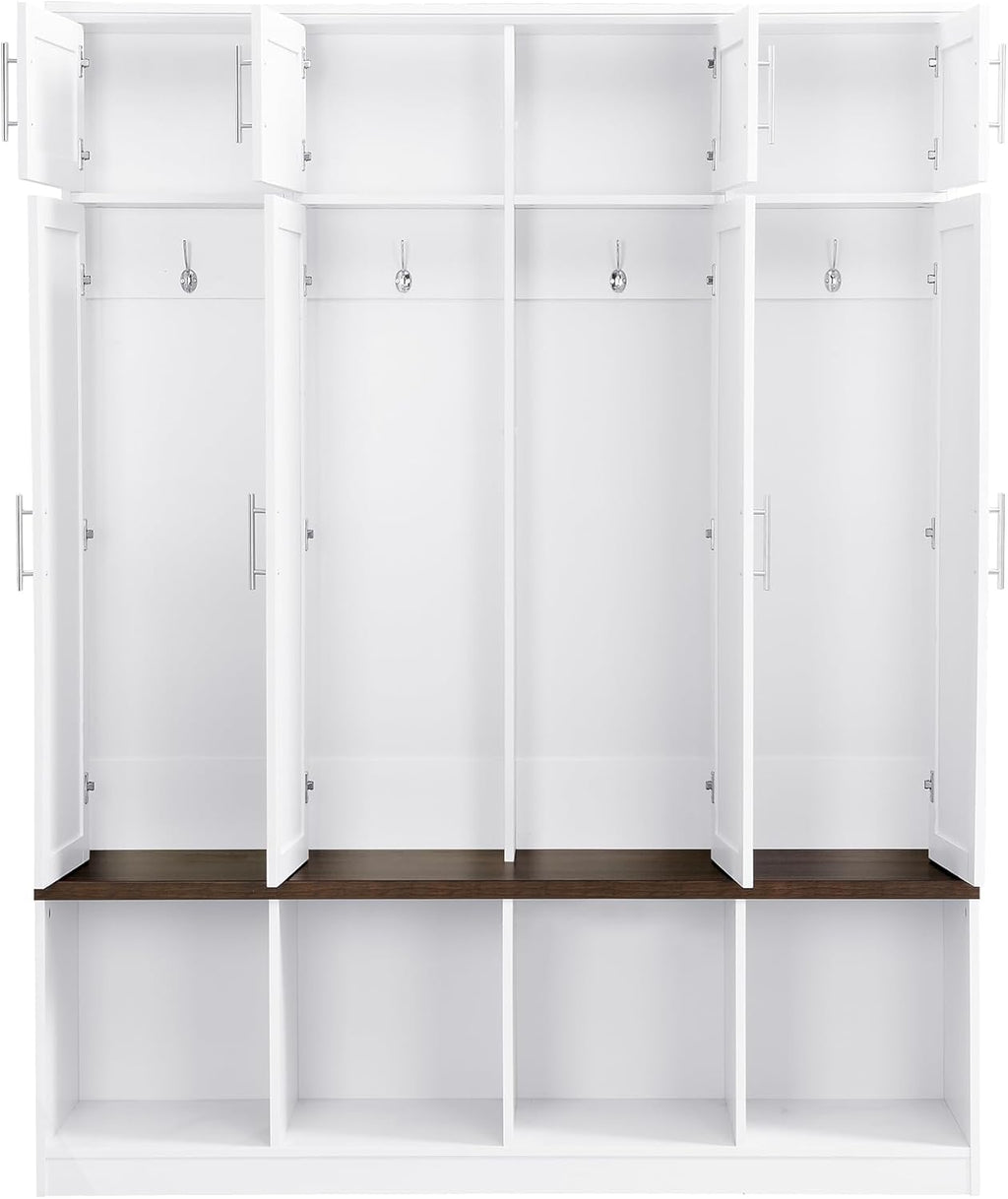 LUMISOL Wide Hall Tree with Storage Bench, Entryway Coat Rack with Open Compartments and 4 Hidden Hanging Hooks, Mudroom Entryway Bench with Shoe Storage, White