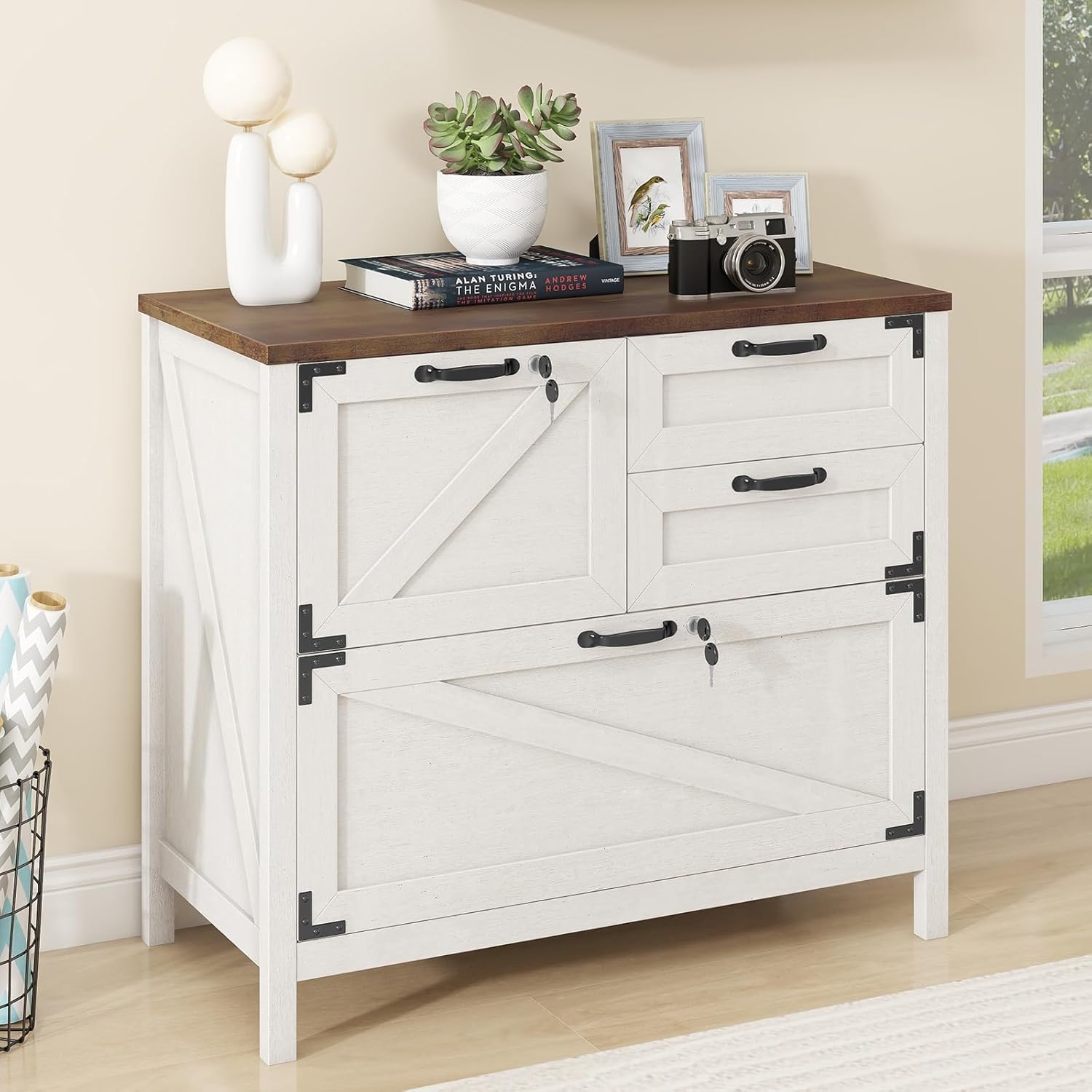 Halitaa Lateral File Cabinet with 4 Drawers, Farmhouse File Cabinet for Letter/Legal/A4 Size Hanging Files, Large Wood File Storage Cabinets Printer Stand for Home Office Cabinets, White with Lock