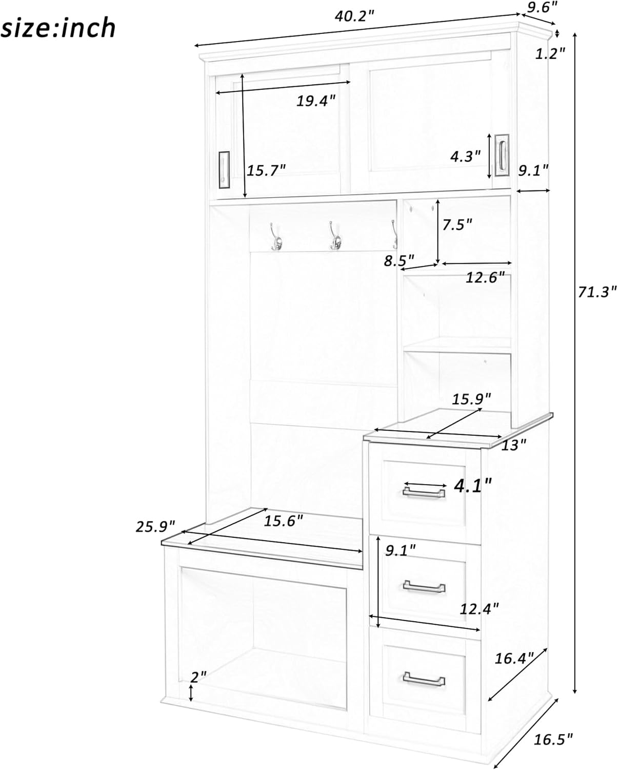 40.2" W Hall Tree with Bench and Shoe Storage, Modern Entryway Bench with 3 Hooks, 3 Shelves and Drawers for Living Room, Hallway, Entryway, White