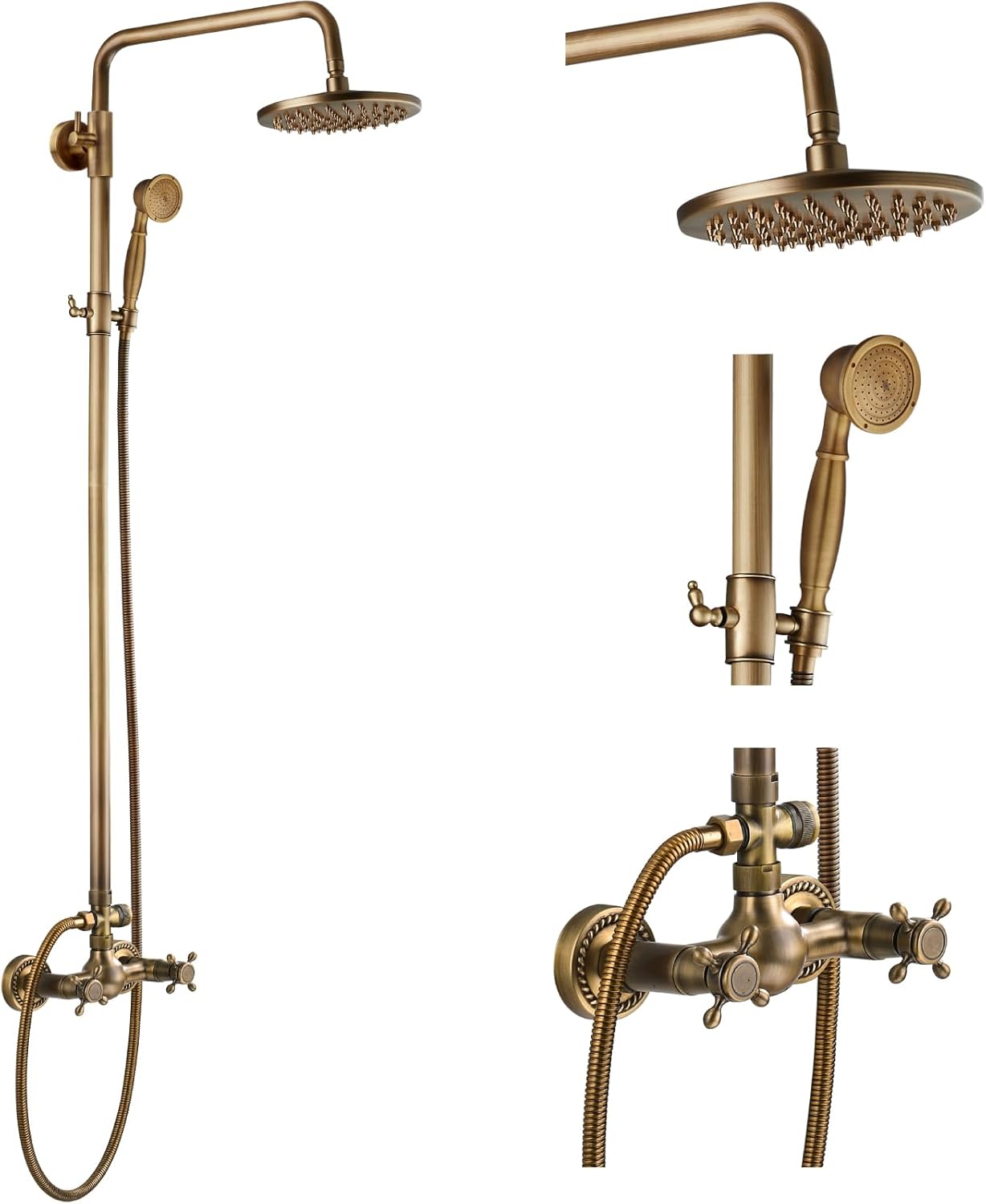 gotonovo Exposed Bathroom Shower Faucet Set Shower Fixture 8 Inch Rainfall Shower Head Handheld Shower Cross Handle Wall Mount 2 Functions Antique Brass