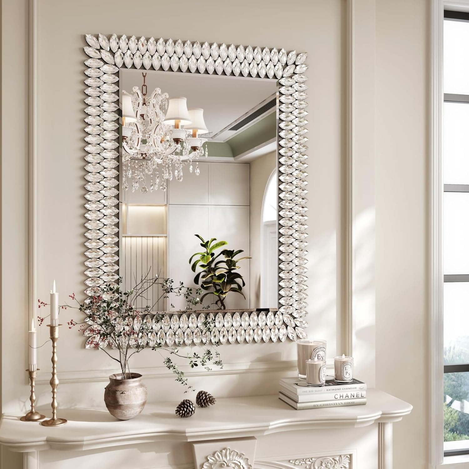 Kelly Miller 30"x40" Jeweled Bathroom Wall Mirror, Large Rectangle Decorative Mirror Luxury Vanity Mirror with Diamonds for Master Bath Half Bath Living Room Bedroom Fireplace Mantle Entryway