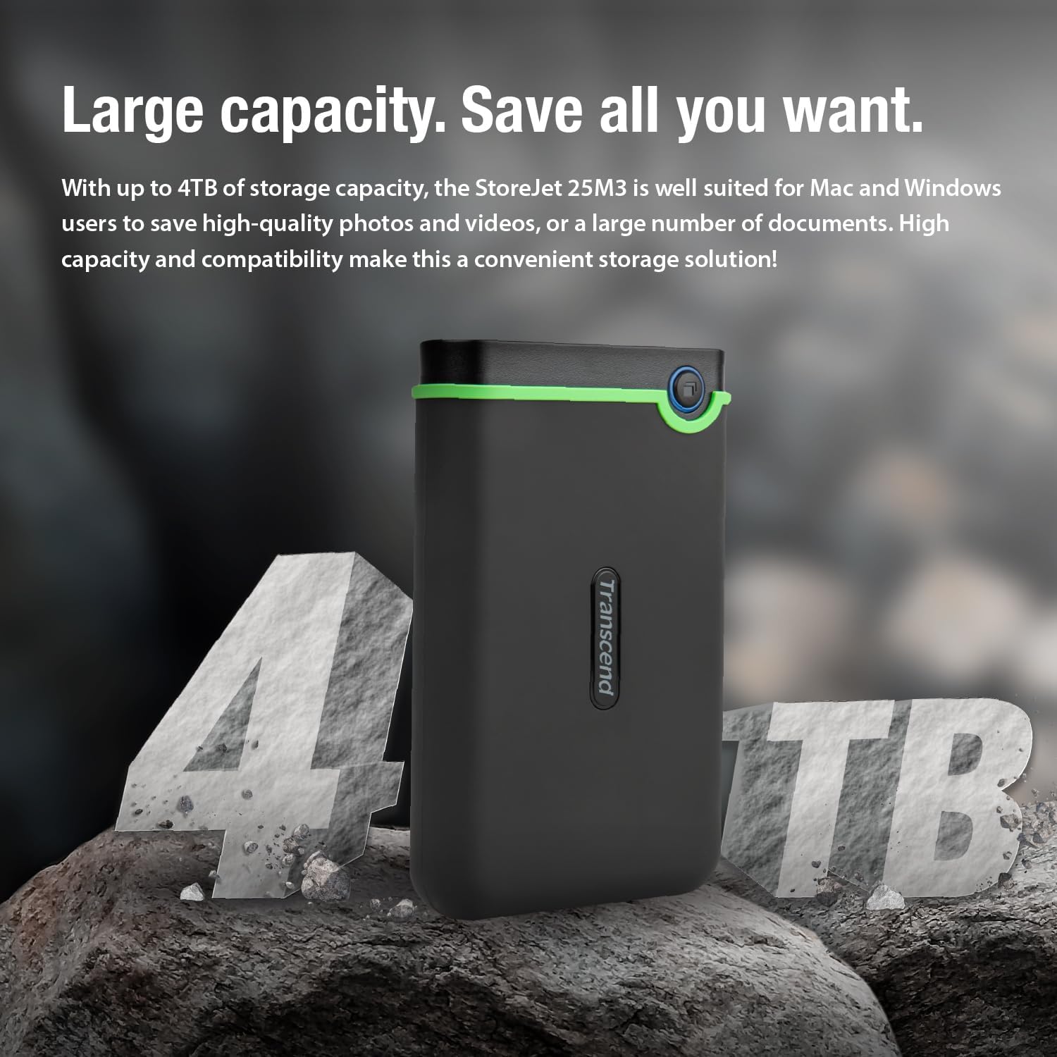 Transcend StoreJet 2TB Rugged External Hard Drive, USB3.1(5Gbps) Portable HDD w/One Touch Auto-Backup Button/Anti-Shock Resistant/Compact&Lightweight/Lightning-Fast Speeds, Iron Gray - TS2TSJ25M3S