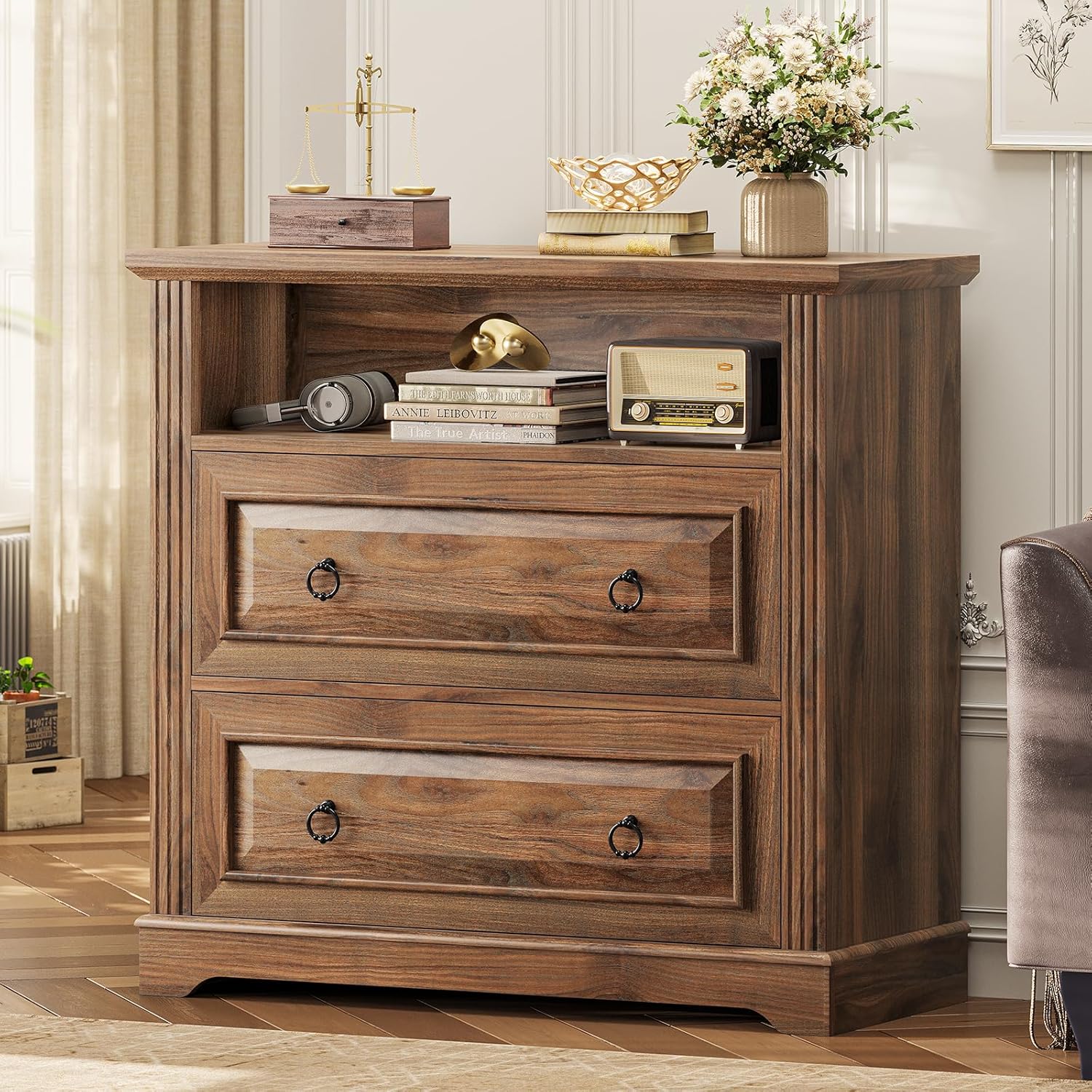 Itaar 2 Drawer File Cabinet, Farmhouse Filing Cabinet for Home Office Fits Letter, Legal, A4 Size, Wood Lateral File Cabinet with Printer Stand, Storage Shelf, Brown