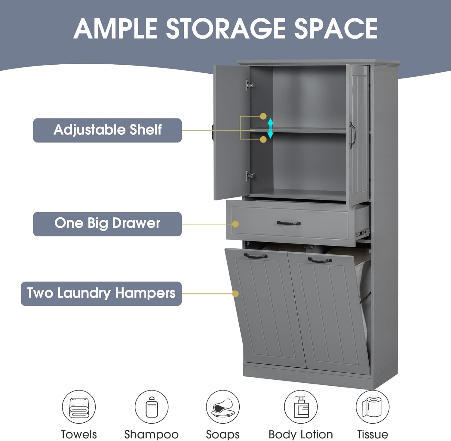Merax Cabinet with 2 Tilt-Out Laundry Hamper Baskets, Modern Tall Bathroom Storage Organizer Linen with Drawers and Doors for Home, Freestanding, Grey