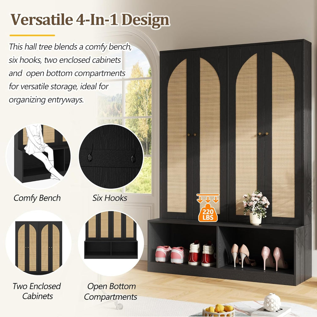 Farmhouse Widen Hall Tree with 4 Rattan Doors, Versatile 4-in-1 Coat Hanger with 6 Hooks, Mid-Century Entryway Shoe Cabinet with Adjustable Shelf for Living Room Hallway (Black-W)