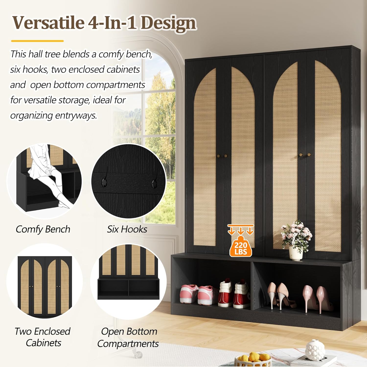 Farmhouse Widen Hall Tree with 4 Rattan Doors, Versatile 4-in-1 Coat Hanger with 6 Hooks, Mid-Century Entryway Shoe Cabinet with Adjustable Shelf for Living Room Hallway (Black-W)
