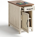 LINSY HOME Farmhouse End Table with Charging Station, Narrow Side Table for Living Room, Sofa Side Table with Drawer and Storage Cabinet, Small Nightstand for Home Office