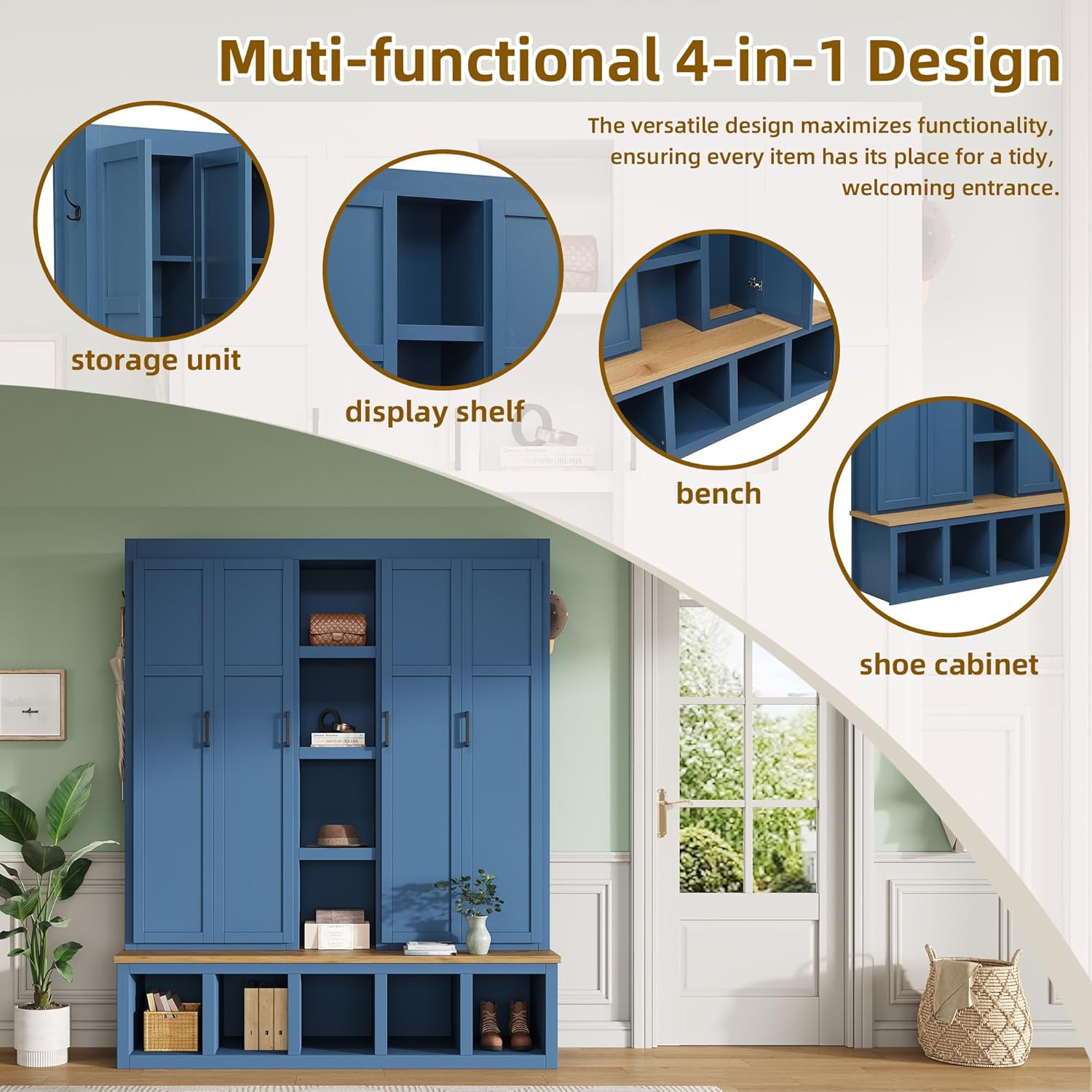 Modern 63'' Wide Hall Tree with 6 Hidden Hanging Hooks, Brown Wood Grain Minimalist Shoe Cabinet with Open Compartments, Entryway Coat Rack for Living Room Hallway (Blue-4.23)