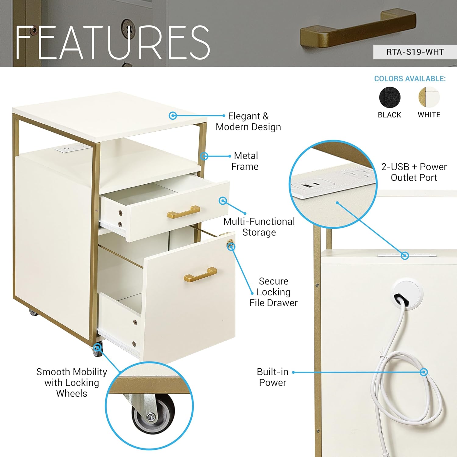 Modern 2-Drawer Rolling File Cabinet with Lock, 2 USB Ports and Power Outlet for Device Charging, Portable File Organizer or Printer Stand for Office or Home with Locking Wheels, White & Gold