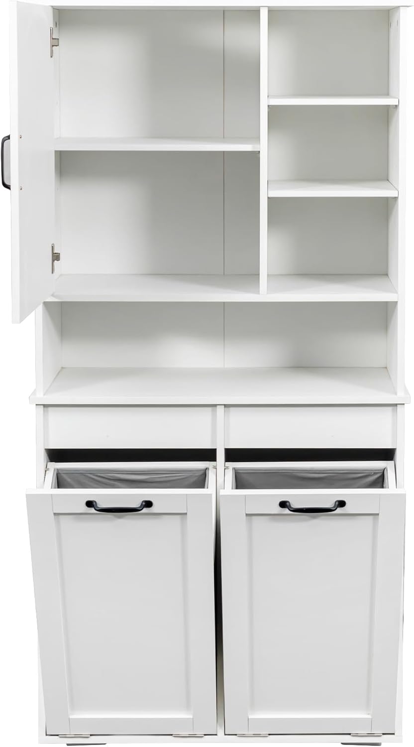 63" White Laundry Cabinet w/Dual Tilt-Out Hampers - 4 Open + 2 Adjustable Shelves, Freestanding Bathroom Organizer, 31.5 x 15.7 x 63 Inch