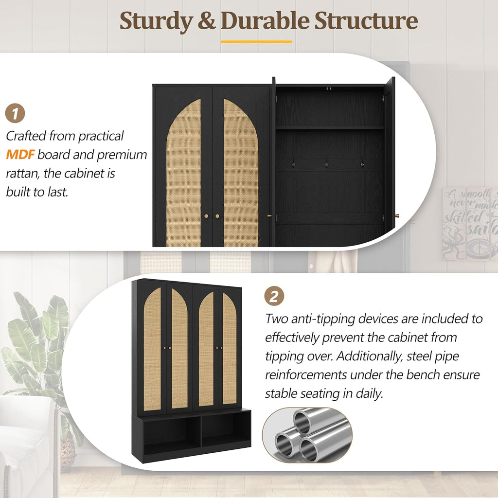 Farmhouse Widen Hall Tree with 4 Rattan Doors, Versatile 4-in-1 Seating Bench with 6 Hooks, Mid-Century Entryway Shoe Cabinet with Adjustable Shelf for Living Room (Black#55)