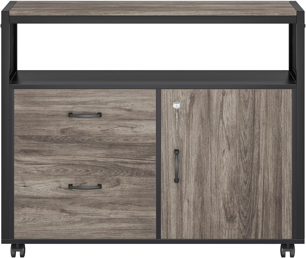 Tribesigns Modern File Cabinet with Drawers for Letter-Sized File and Door, Lockable lateral Filing Cabinet Printer Stand with Storage Shelves and with Rolling Caster for Home Office (Gray)