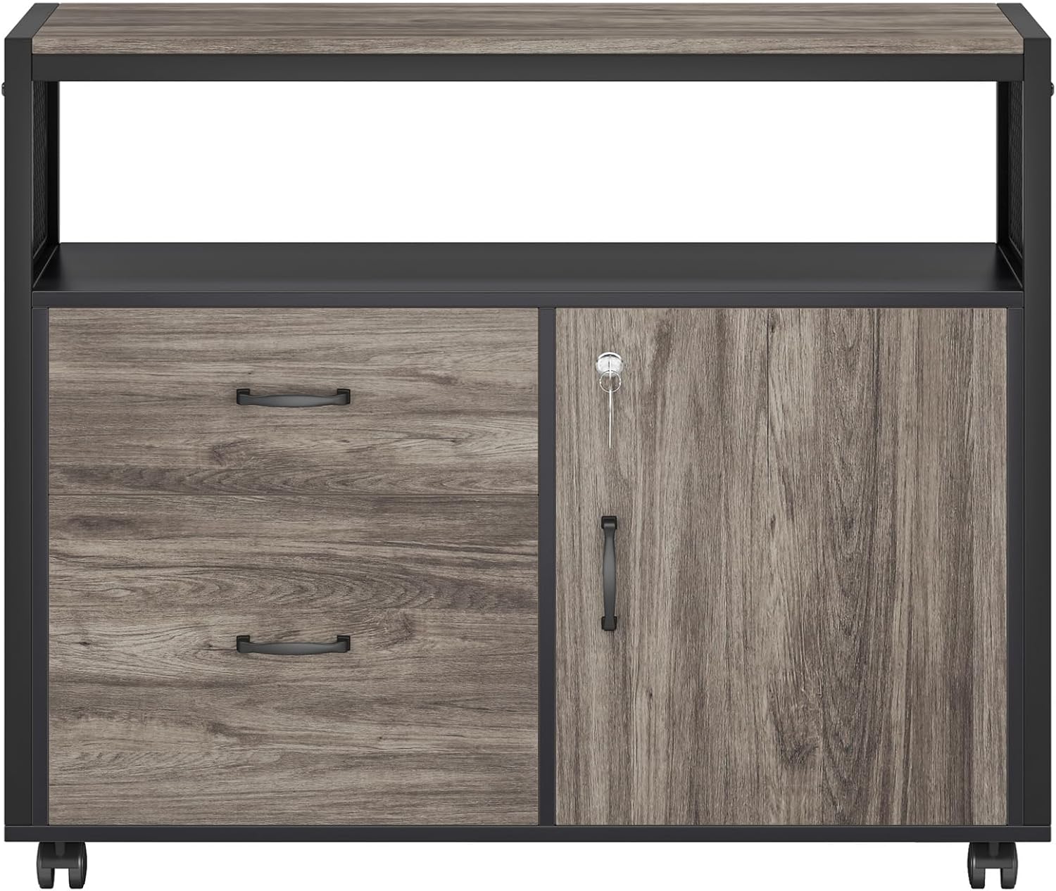 Tribesigns Modern File Cabinet with Drawers for Letter-Sized File and Door, Lockable lateral Filing Cabinet Printer Stand with Storage Shelves and with Rolling Caster for Home Office (Gray)