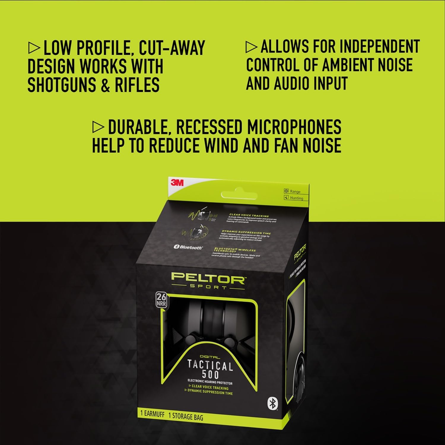 Peltor Sport Tactical 500 Bluetooth Hearing Protection Ear Muffs, 25 dB Noise Reduction Rating, Electronic Hearing Protection Headphones for Shooting, Hunting, Mowing, Construction, Concerts, & More