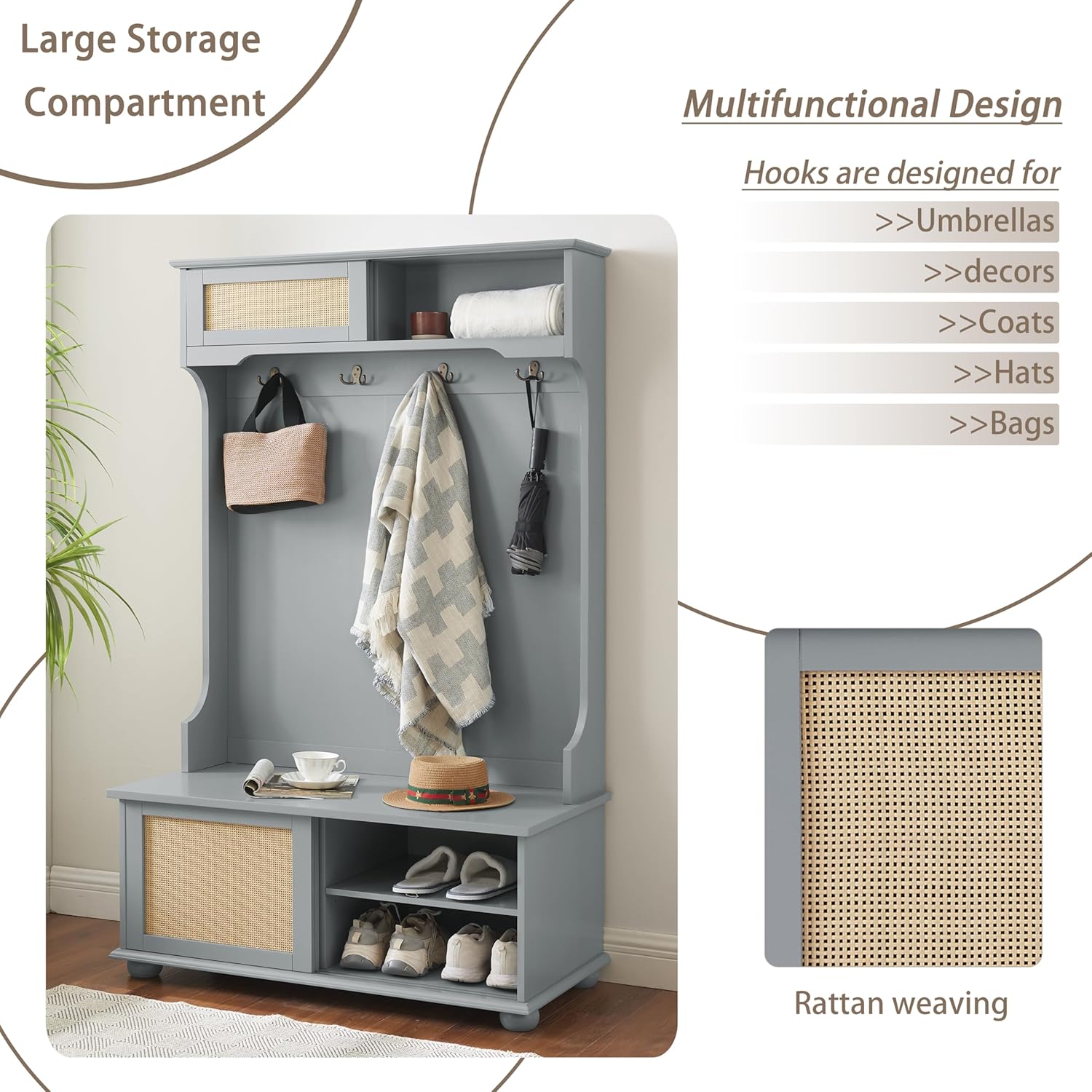 Wacfc Coat Hall Tree with Rattan Door, Clothes Hanger Hall Tree, Clothes Rack with Shoe Storage Bench, Coat Hook and Storage Open Shelf for Entryway Living Room, Gray