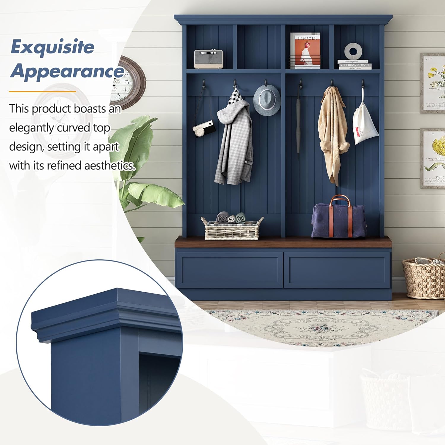4-in-1 Hall Tree with Wood Grain Bench, Entryway Shoe Storage Organizer with Coat Rack, 2 Large Drawers, and 6 Golden Hooks for Hallway, Foyer Organizer Furniture, Blue