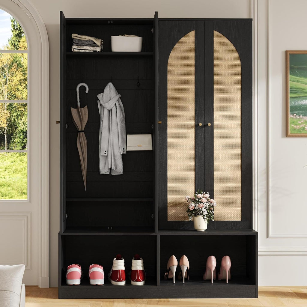 Farmhouse Widen Hall Tree with 4 Rattan Doors, Versatile 4-in-1 Seating Bench with 6 Hooks, Mid-Century Entryway Shoe Cabinet with Adjustable Shelf for Living Room (Black#55)