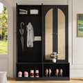 Farmhouse Widen Hall Tree with 4 Rattan Doors, Versatile 4-in-1 Coat Hanger with 6 Hooks, Mid-Century Entryway Shoe Cabinet with Adjustable Shelf for Living Room Hallway (Black-W)