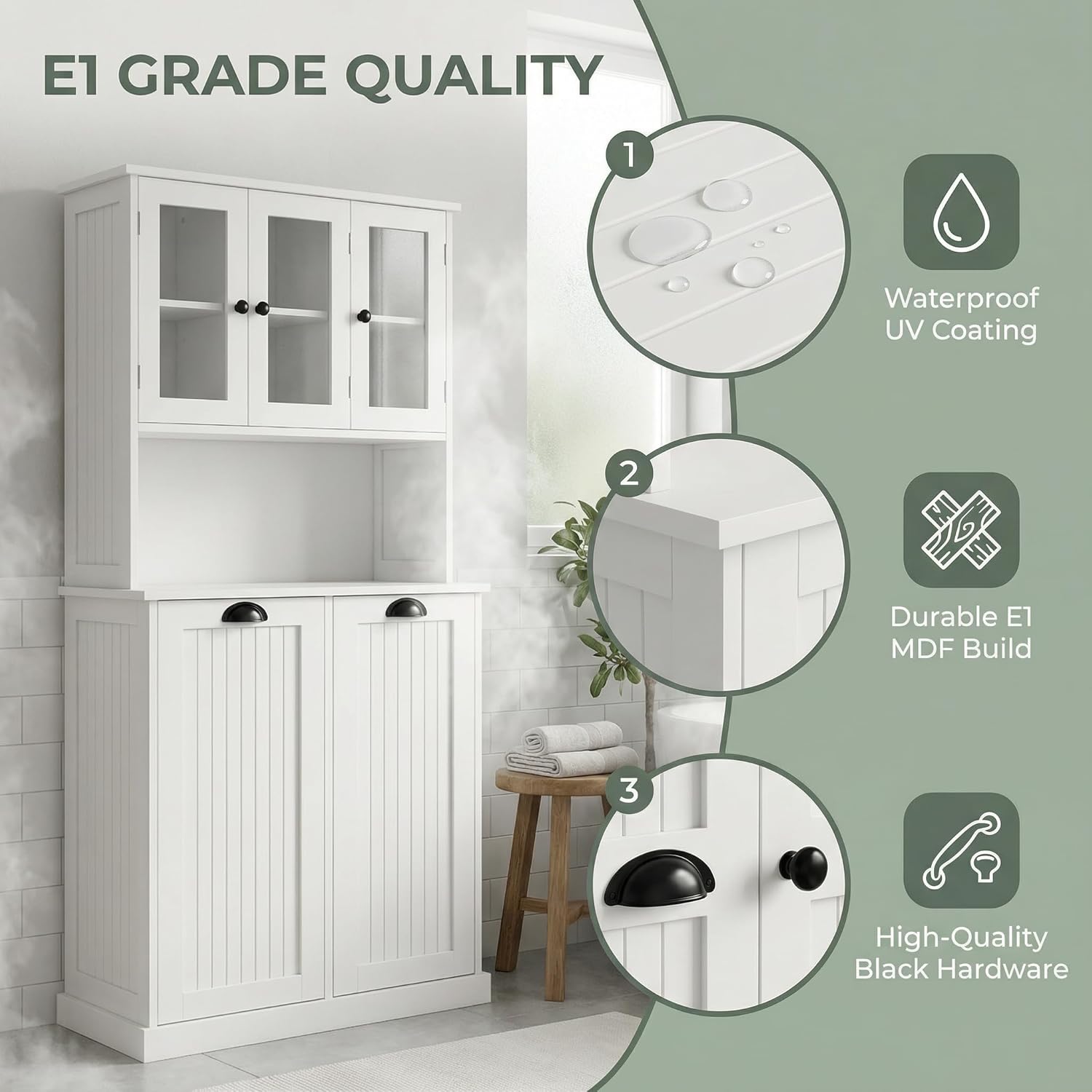 Laundry Room Storage Cabinets with Tilt-Out Double Doors, Laundry Cabinet with 2 Removeable Non-Woven Bags and Glass Doors 60” Tall Bathroom Cabinet with Adjustable Shelves (White)