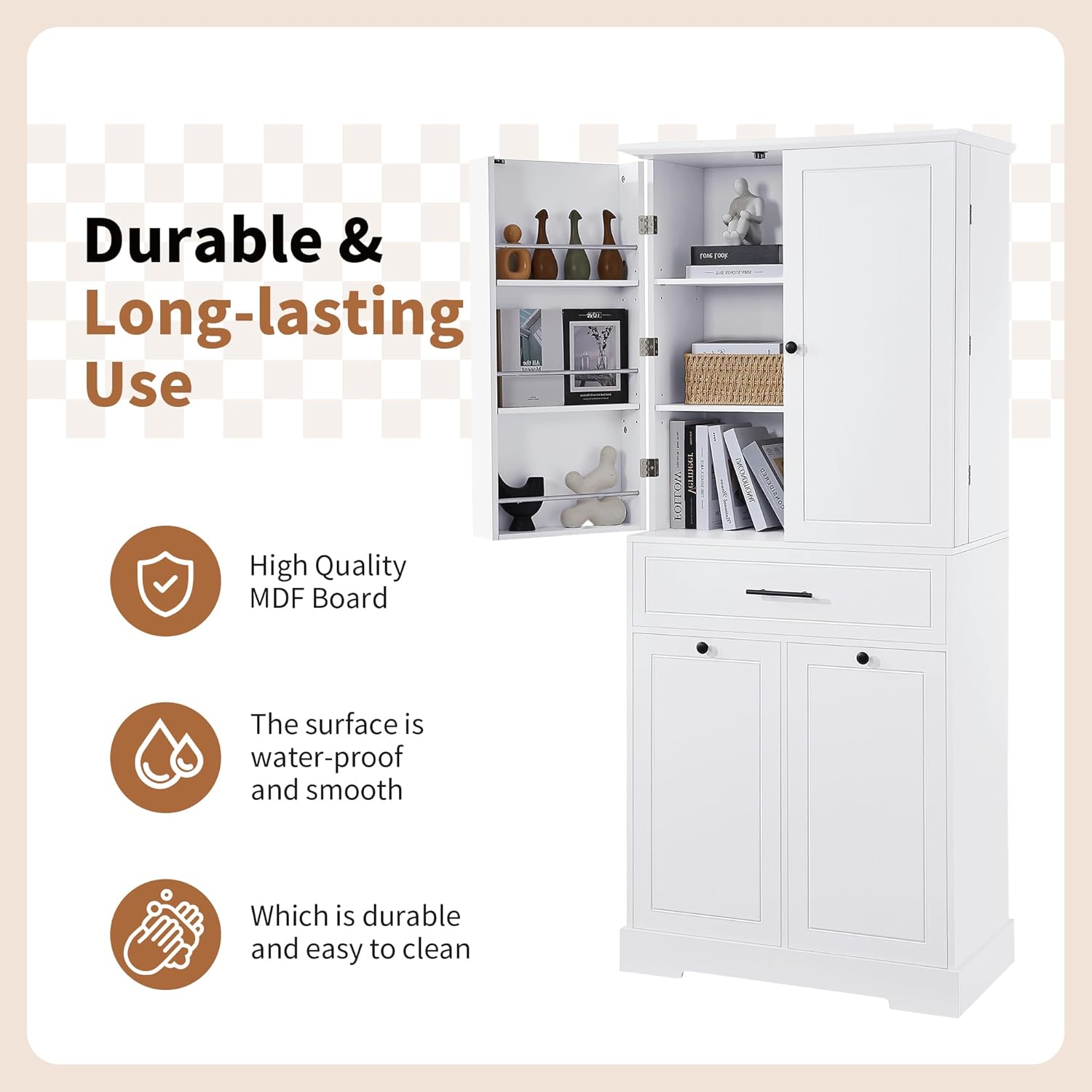 Tall Storage Cabinet Pantry Cupboard with Laundry Hamper and Door Rack Organizer for Bathroom, Kitchen or Enterway, Adjusatble Shelf, White