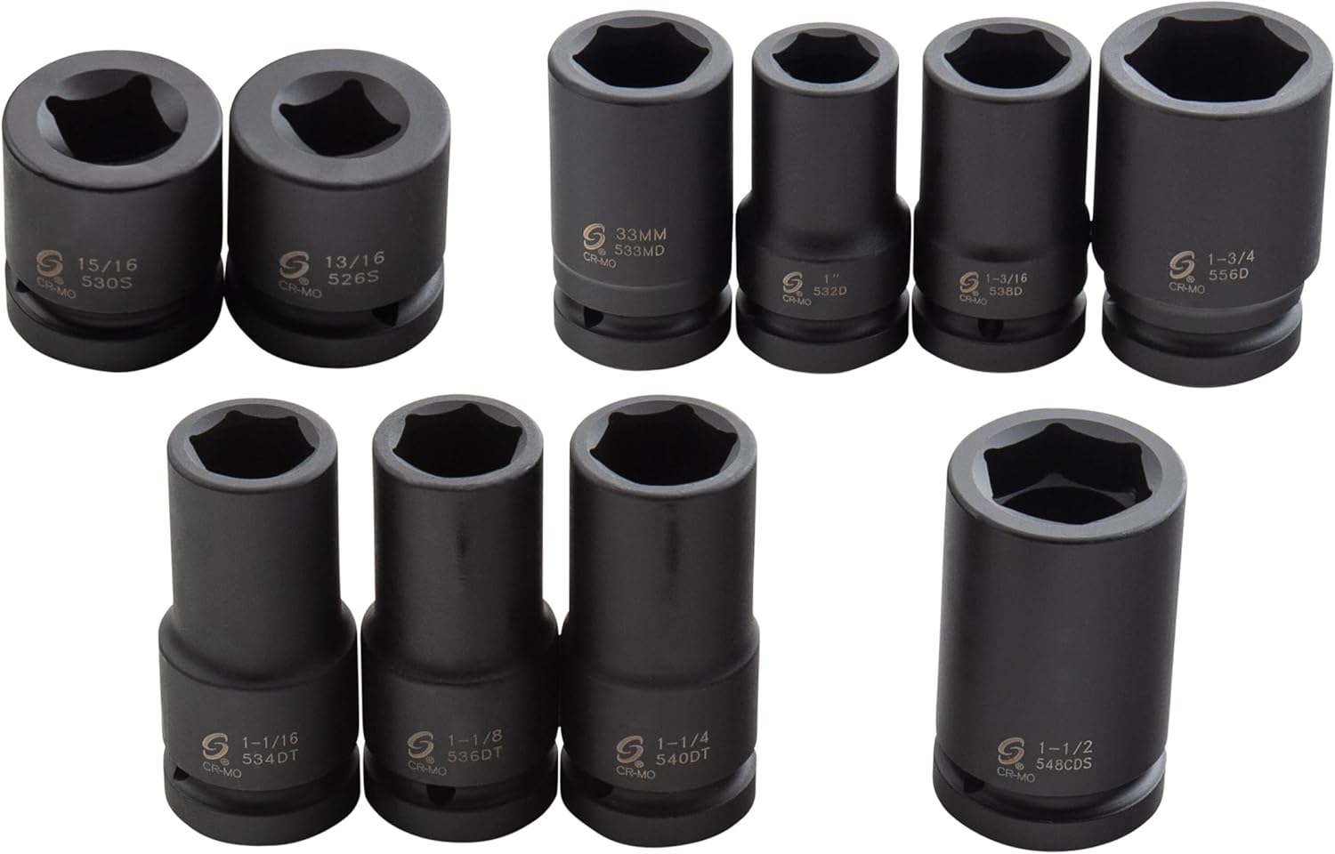 Sunex 5690A, 1 Inch Drive Heavy Duty Wheel Impact Socket Set, 10-Piece, SAE/Metric, Deep/Deep Thin Wall/Square/Controlled Depth, Cr-Mo Steel, Storage Case, Black