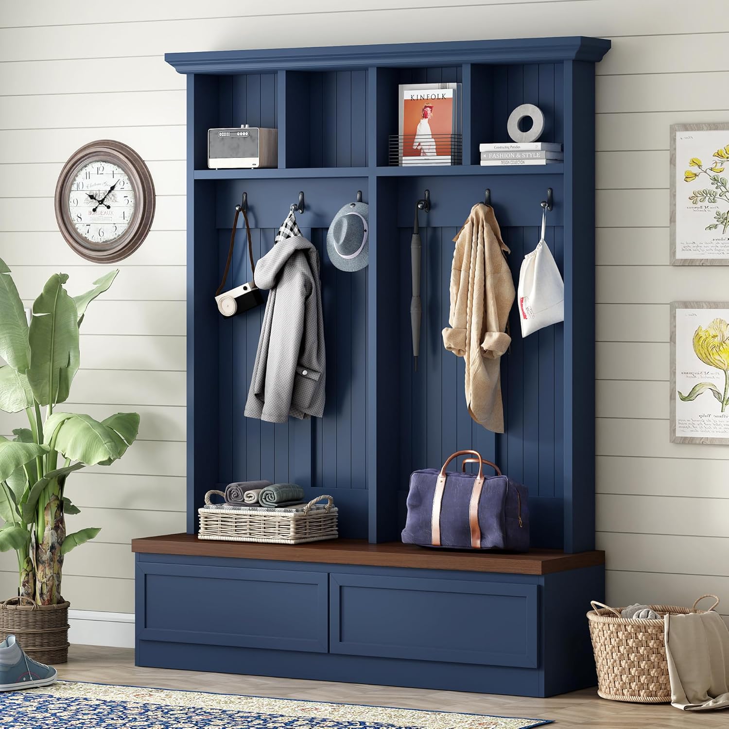 JIVOIT Hall Tree with Storage Bench, Farmhouse 4-in-1 Hall Tree with Wood Grain Bench, 2 Large Drawers, 6 Black Hooks, 4 Storage Compartments, Mudroom Versatile Coat Rack for Hallway, Living Room