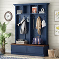 Merax Wood Hall Tree with 6 Hooks & Entryway Bench, Farmhouse Mudroom Versatile Coat Racks with 2 Large Drawers, Entrance Organizer for Hallway, Blue
