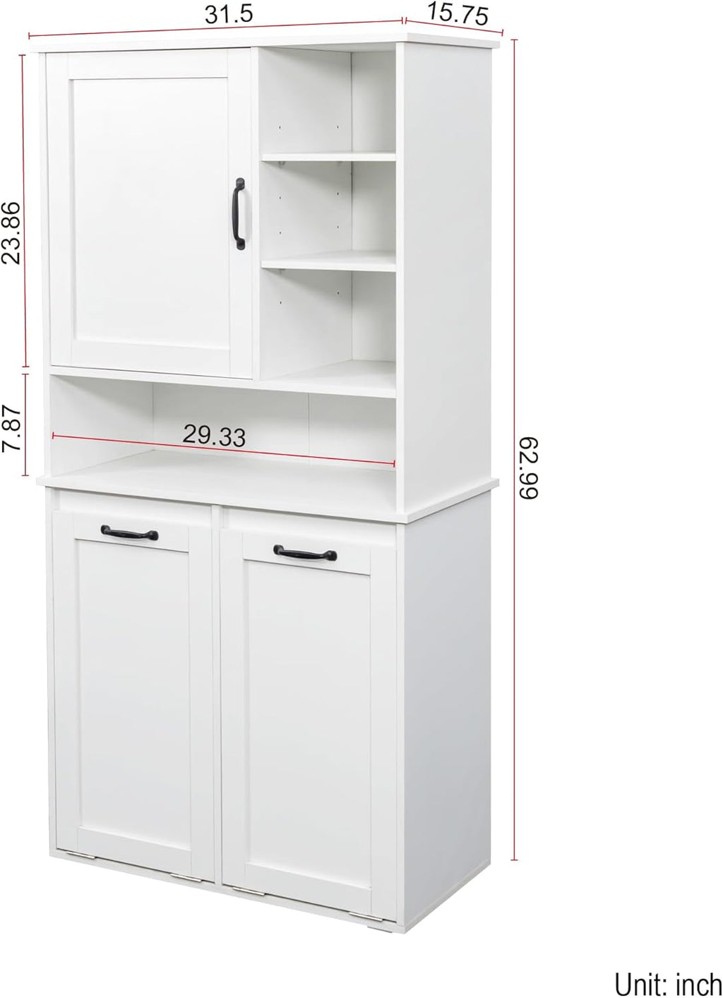 63" White Laundry Cabinet w/Dual Tilt-Out Hampers - 4 Open + 2 Adjustable Shelves, Freestanding Bathroom Organizer, 31.5 x 15.7 x 63 Inch